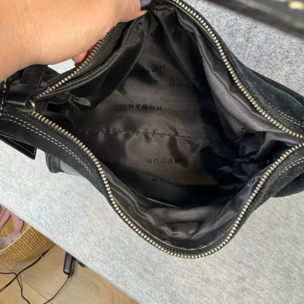 Hogan Satchel Black Suede and Leather Top Zip Shoulder Bag